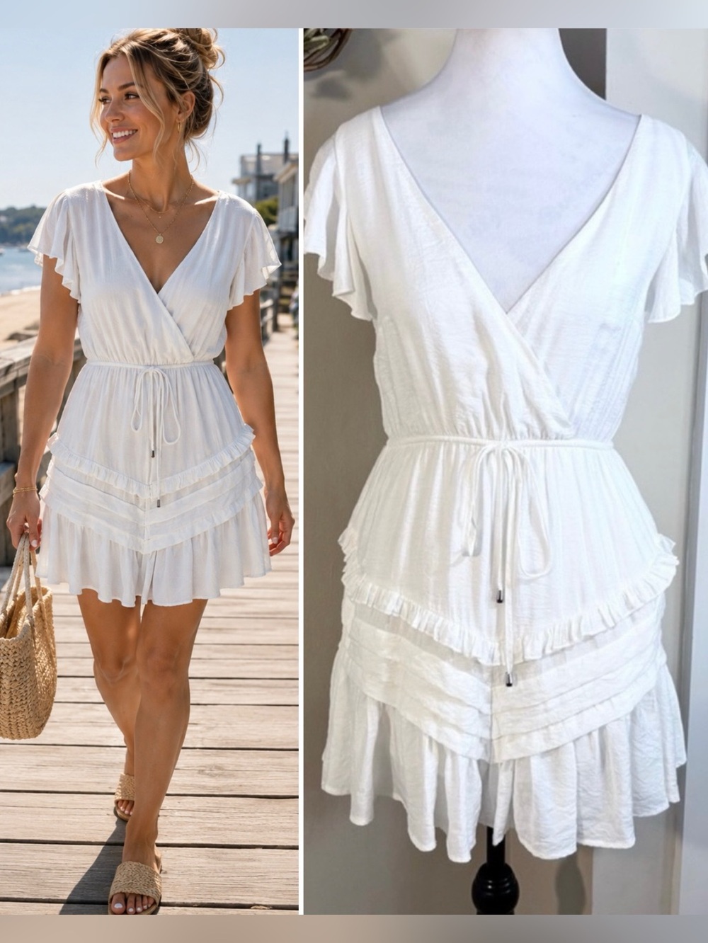 SAINTS & SECRETS White Ruffle Dress Waist Tie Open Tie Back Flutter Sleeve~M💚